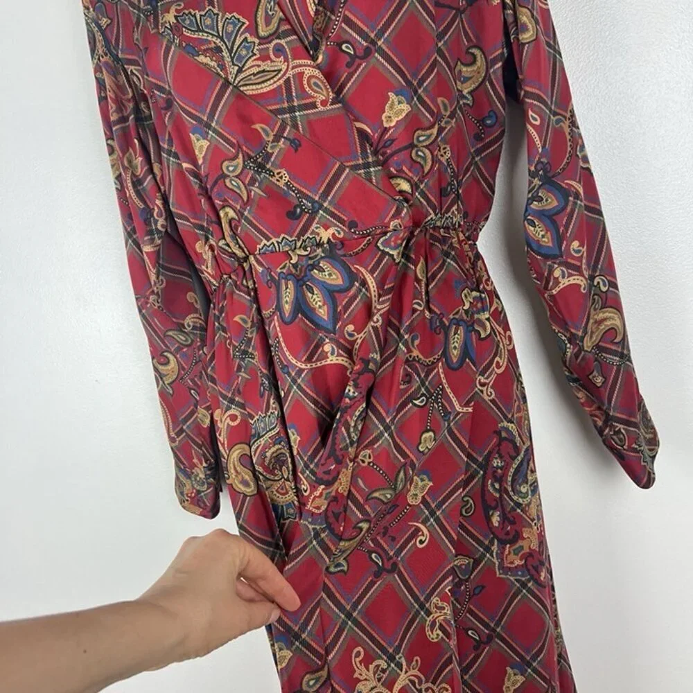 Vintage Talbots Faux Wrap Midi Dress sz 8 PETITE Plaid Equestrian Academia‎ Prep